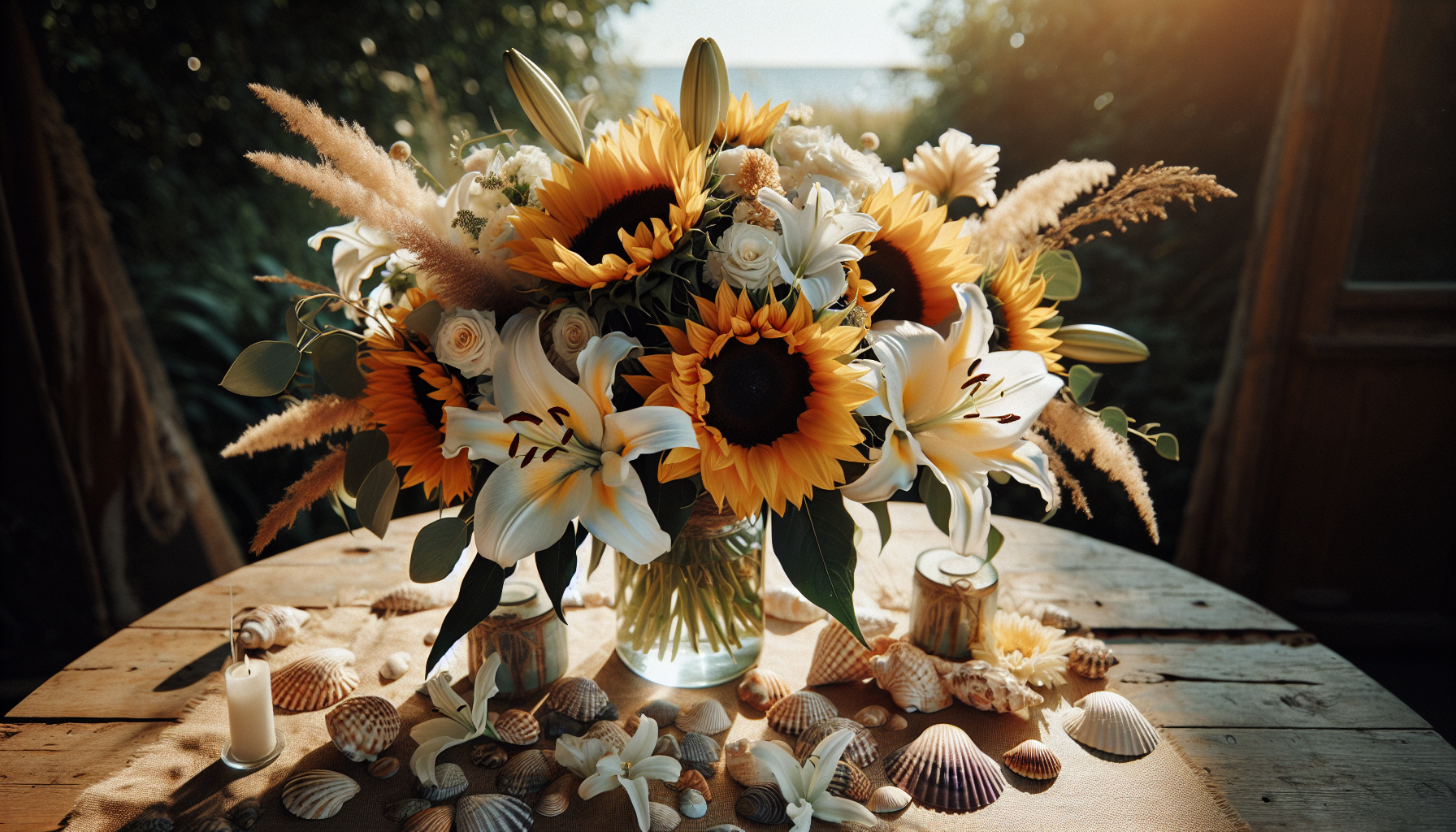 Summer centerpiece with sunflowers and seashells