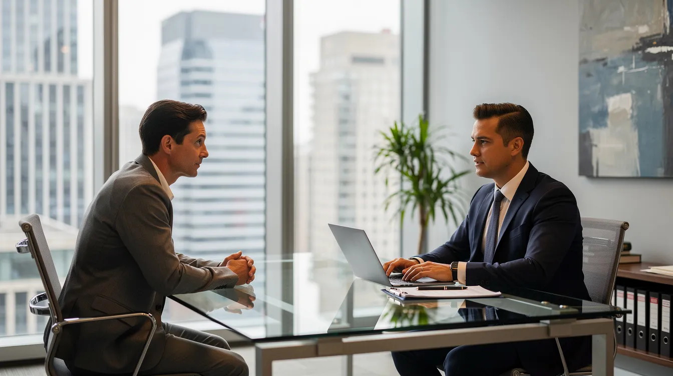 The image depicts a professional meeting between an attorney and a client in a modern office setting, where they discuss important aspects of the divorce process, including income and expense declarations, spousal support, and the legal separation proceedings. The atmosphere is focused and collaborative, reflecting the critical nature of the paperwork and agreements involved in family law matters.