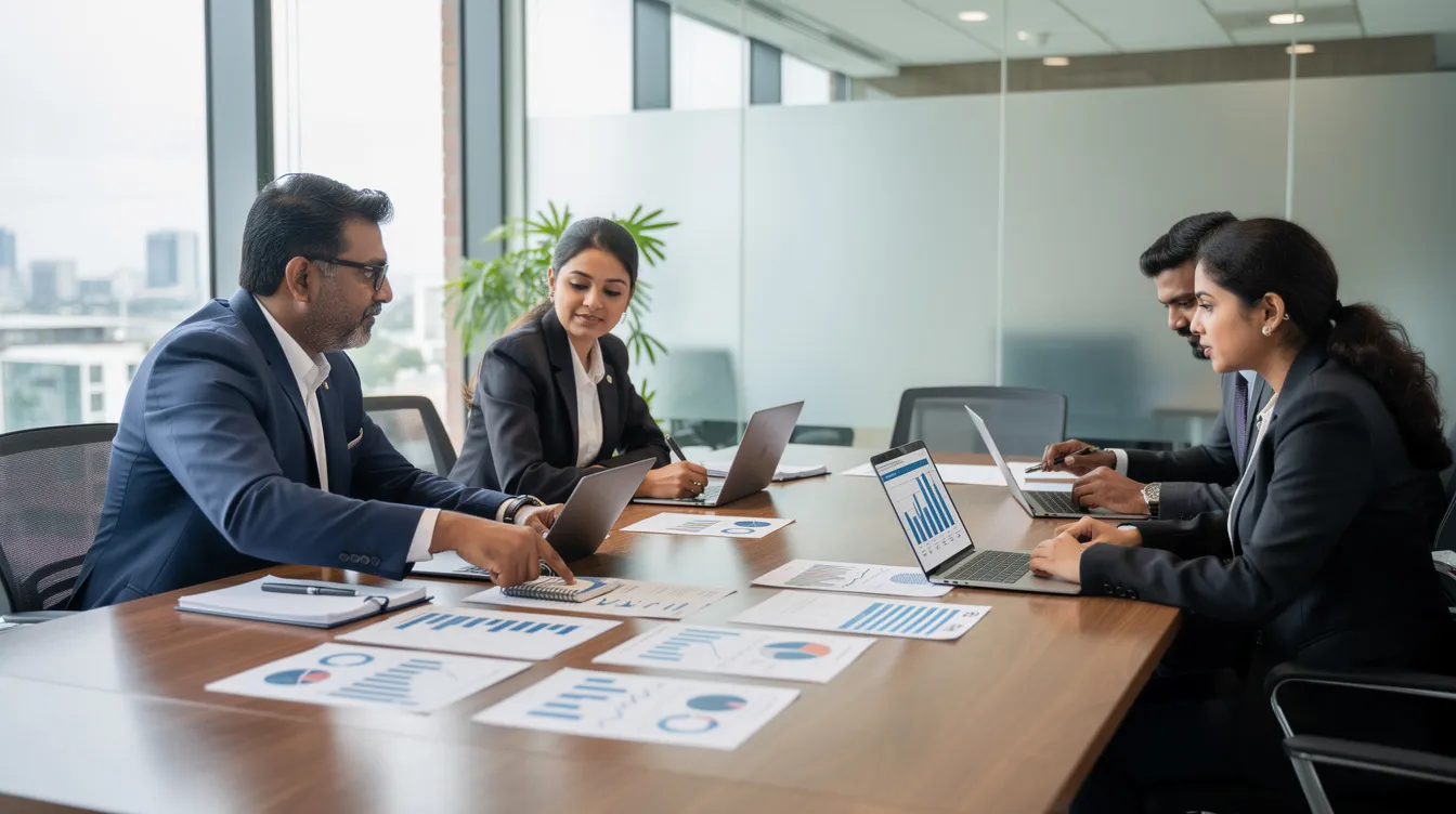 bc86ff6e e20c 4d32 8b17 a1aa37044978 A group of Indian business owners is engaged in a professional meeting within an office, reviewing financial documents such as profit and loss statements and discussing their business plans. They are likely strategizing on how to find the right investors, including angel investors and venture capital firms, to support their business growth and funding needs.
