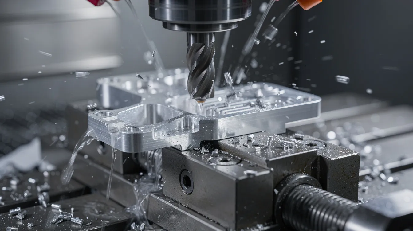 A close-up view of a CNC milling machine actively cutting a precision aluminum aerospace bracket, showcasing the advanced tools used in the rapid prototyping process for product development. The image highlights the intricate details of the bracket being shaped, emphasizing the importance of high fidelity prototypes in engineering design.