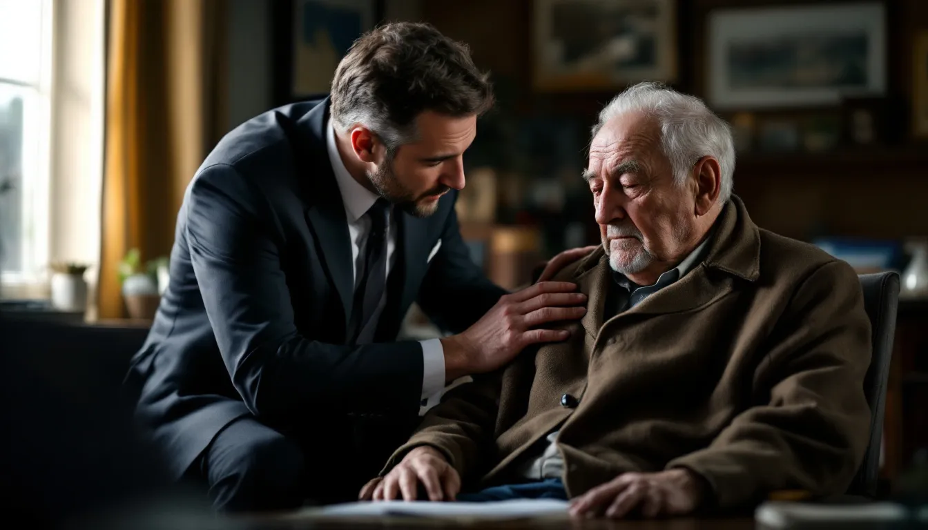 In the image, an attorney gently lifts the stress off the shoulder of a senior citizen who appears distressed after being denied social security disability benefits. The scene conveys a sense of support and compassion, highlighting the attorney's role in assisting clients with their social security disability claims.