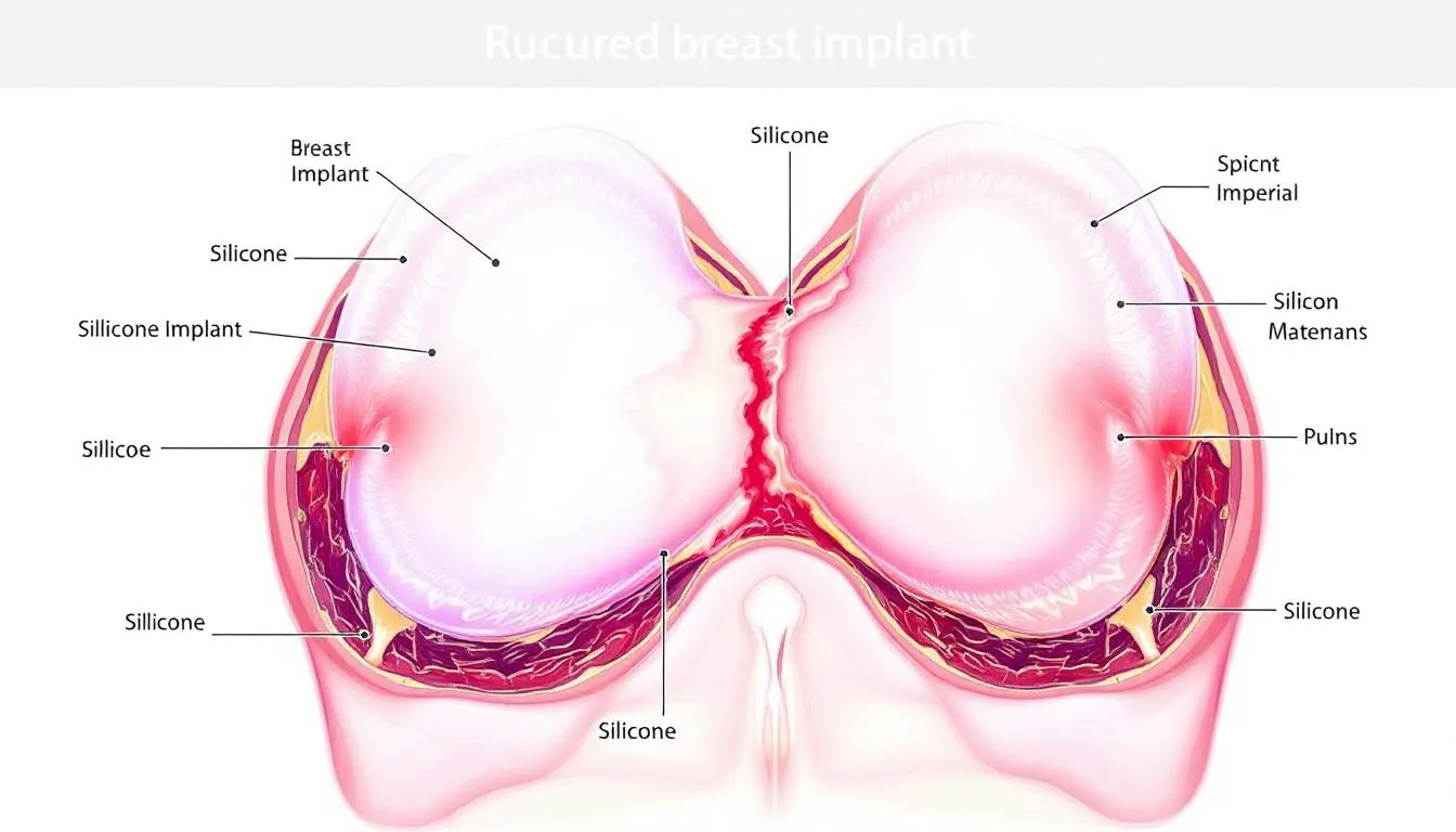 A close-up image of a ruptured silicone breast implant, showing the damaged implant shell and leaked silicone gel. This visual highlights the potential health risks and complications associated with silicone breast implants, including changes in breast shape and the need for breast implant removal surgery.