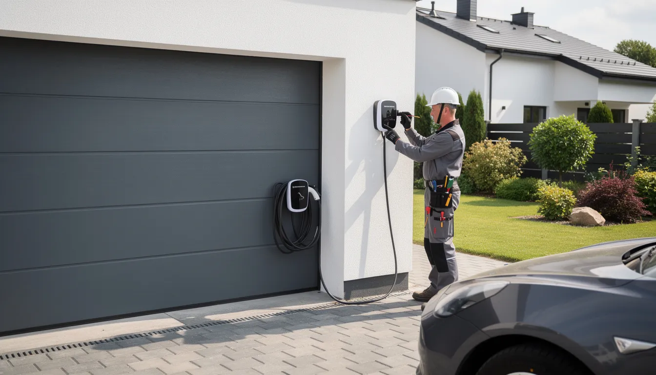 Elektryk montuje wallbox na ścianie garażu przy domu jednorodzinnym, przygotowując instalację ładowarki do samochodu elektrycznego. W tle widać garaż oraz elementy instalacji elektrycznej, które są niezbędne do prawidłowego działania stacji ładowania.