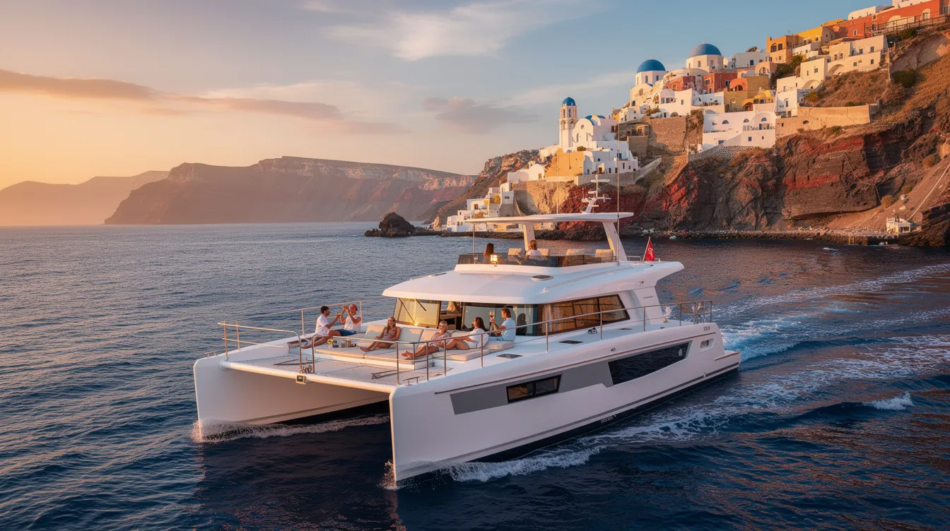 Uma imagem de um cruzeiro de catamarã em Santorini, na Grécia, com águas azuis do mar Egeu e as icônicas casas brancas da ilha ao fundo. O cenário é perfeito para uma experiência de viagem inesquecível, explorando as belezas naturais e culturais deste destino famoso.