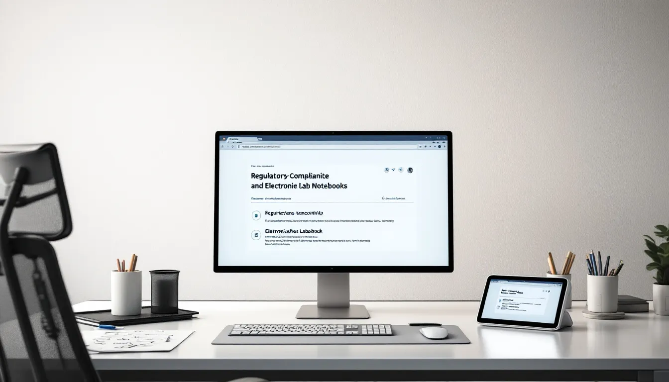 An image depicting the concept of regulatory compliance in the context of electronic lab notebooks, showcasing scientists using electronic research notebooks to manage scientific data securely. The scene emphasizes the transition from traditional paper lab notebooks to modern electronic lab notebooks, highlighting their role in supporting research data management and ensuring compliance with regulatory requirements.