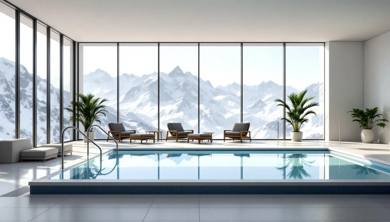 The image depicts an indoor pool area at the Hilton Vacation Club Cedar, featuring large windows that provide a stunning view of the surrounding mountain scenery. This relaxing space is perfect for guests looking to unwind after a day of skiing at the nearby Brian Head Ski Resort.