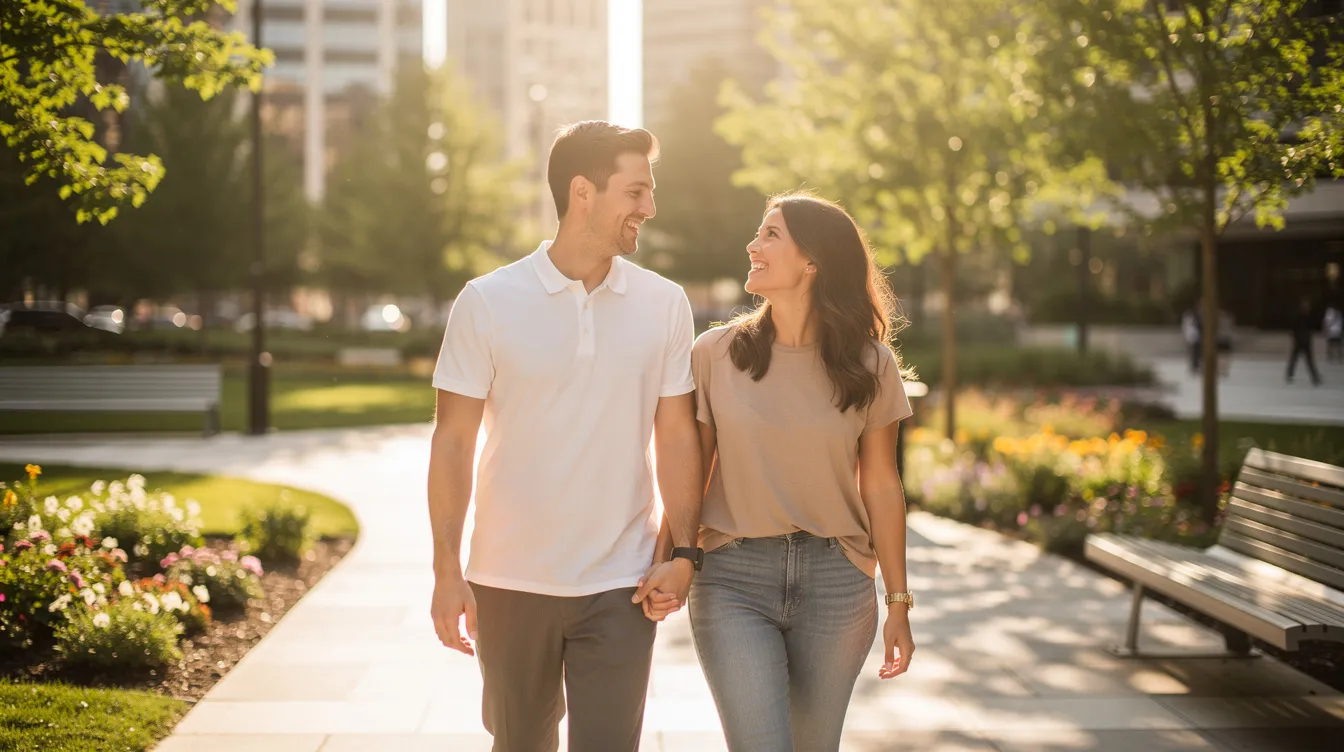 A happy couple is walking hand in hand in an urban park, surrounded by greenery and city views, radiating joy and connection. This scene captures the essence of real-life relationships, showcasing the fun-loving nature of partners who may have met online and are now enjoying each other's company.