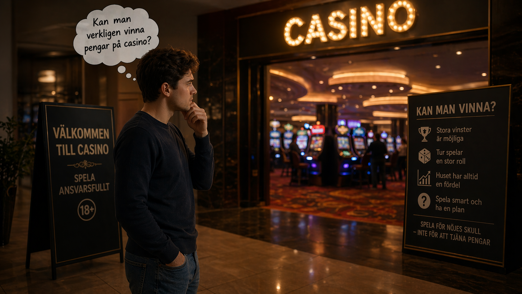spelare som funderar om man kan vinna pengar på casino innan han går in och spelar