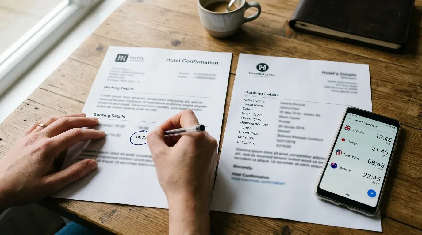 Two printed hotel confirmations on a desk beside a phone showing world clocks