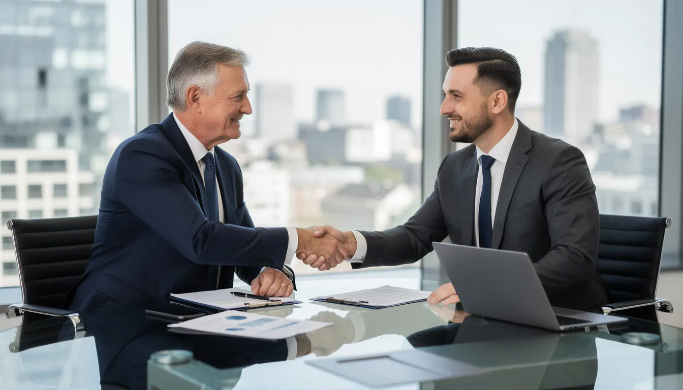 Na zdjęciu dwóch biznesmenów uścisnęło sobie ręce podczas spotkania, symbolizując nawiązanie współpracy, która może przyczynić się do utrzymania płynności finansowej ich firm. Spotkanie to może dotyczyć faktoringu dla nowych firm, co pozwala na szybki dostęp do gotówki i wsparcie w rozwoju działalności gospodarczej.