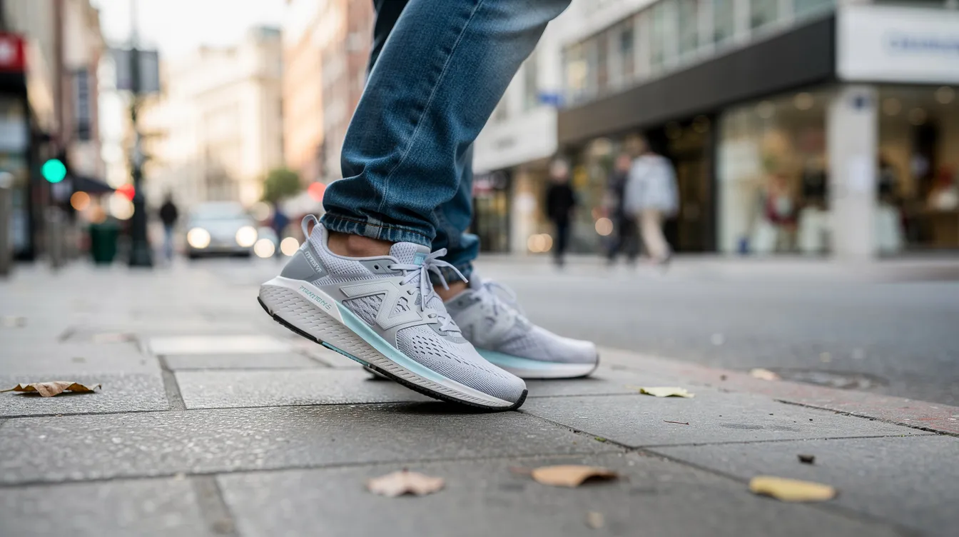 A person is casually walking on a city sidewalk, wearing a pair of lightweight running shoes designed for everyday wear, showcasing good grip and cushioning for comfort. The scene captures the essence of daily training, highlighting the versatility of running shoes in a relaxed urban setting.