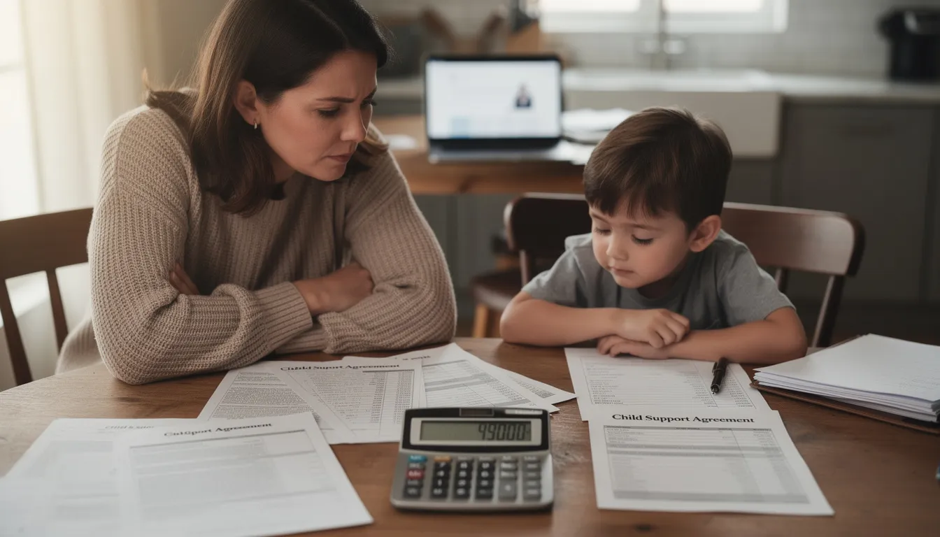 A parent and child are sitting together at a table, reviewing legal documents and using a calculator, symbolizing the financial planning involved in This image highlights the importance of having a knowledgeable lawyerand ensure the child's well-being.