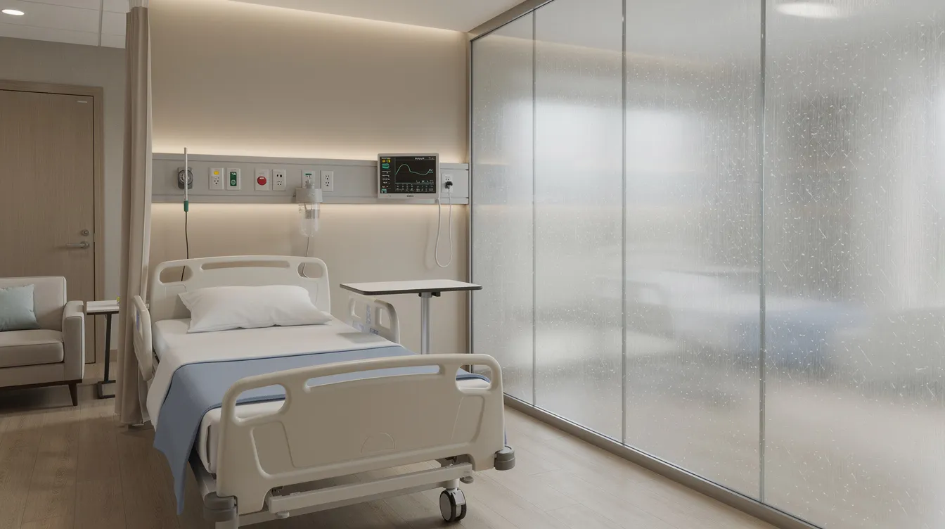 The image depicts a healthcare facility patient room featuring a frosted privacy glass partition, showcasing the innovative use of smart film technology for instant privacy control. Natural light filters through the smooth glass, enhancing the room's ambiance while maintaining patient confidentiality.