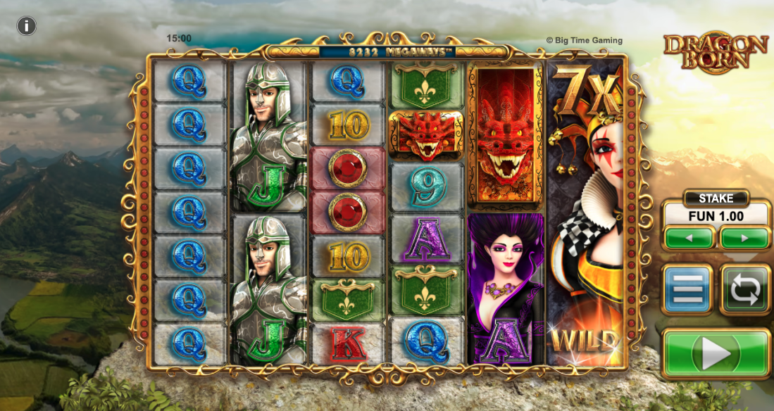 Dragon Born Megaways van Big Time Gaming met fantasythema en wisselende aantallen symbolen per rol.