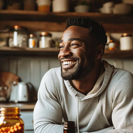 Herbal remedies and supplements near a black man smiling in his modern kitchen.