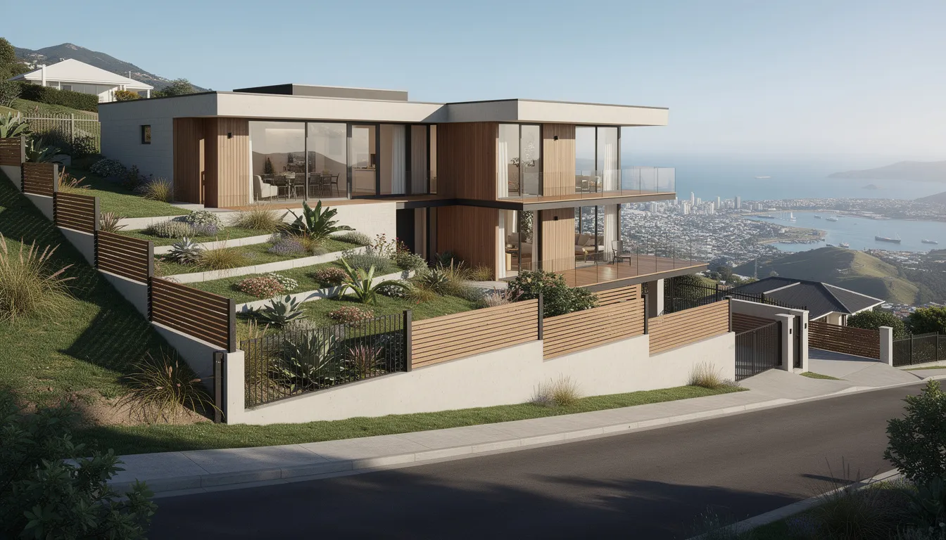The image depicts a hillside residential property in Wellington featuring a new timber fence that outlines the boundary, providing views of the surrounding landscape. The property appears well-maintained, and the fencing complies with local council regulations, ensuring public safety and adherence to the building code.