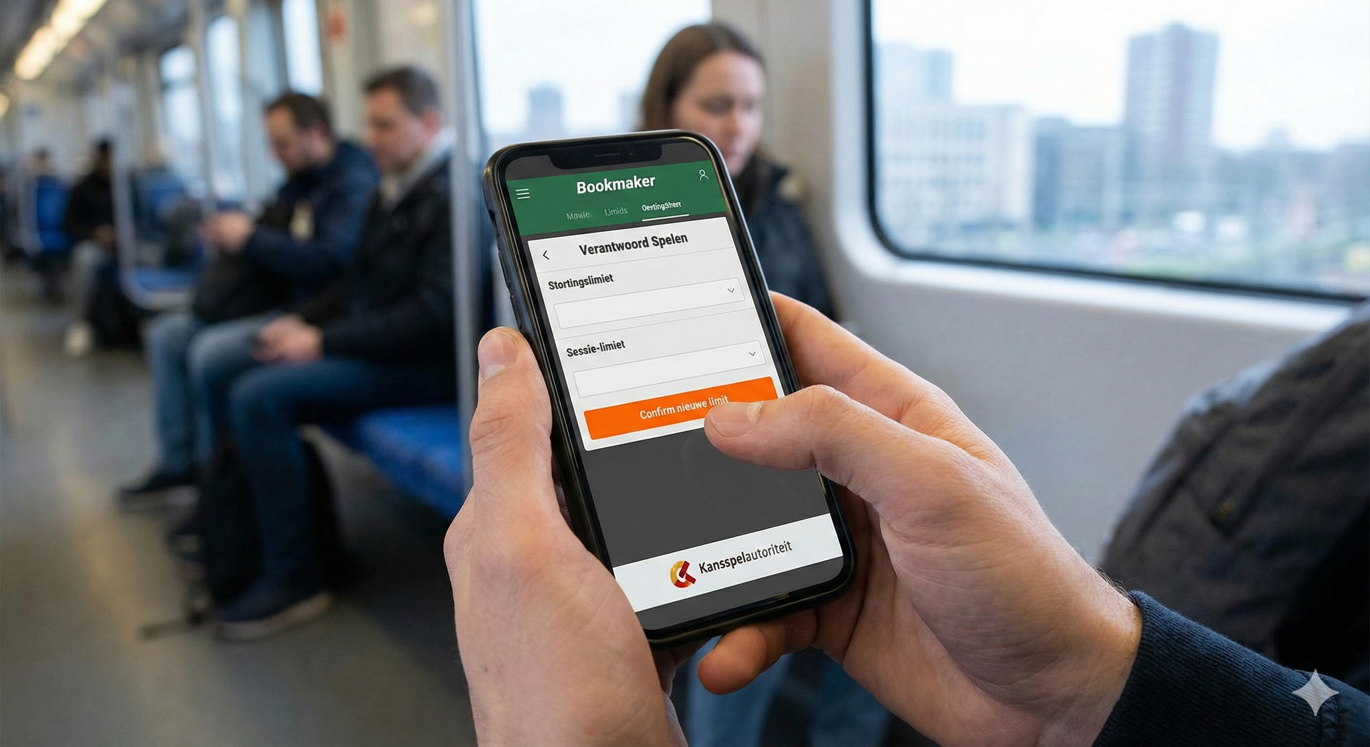 Persoon stelt stortings- en sessielimiet in via bookmaker-app in trein.
