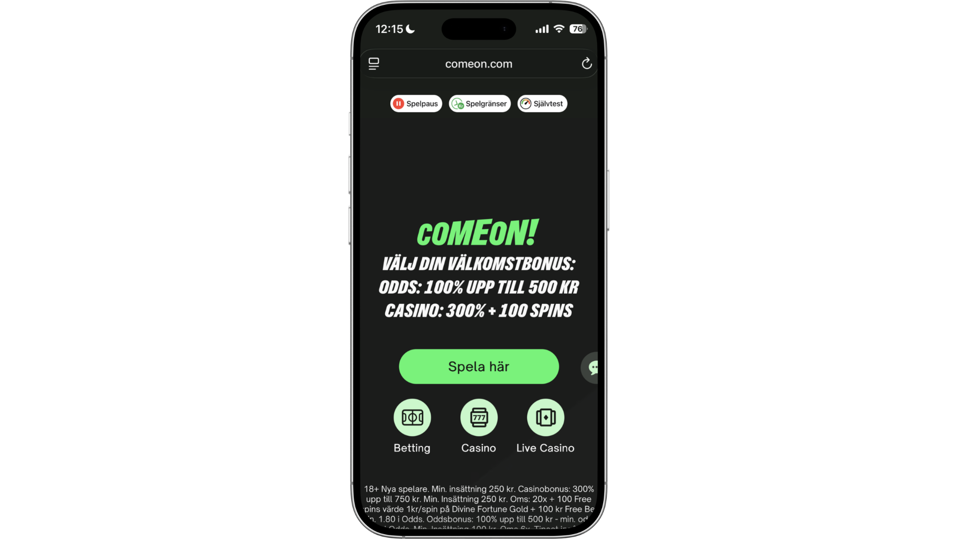 ComeOns mobilversion med välkomstbonus för betting och casino.