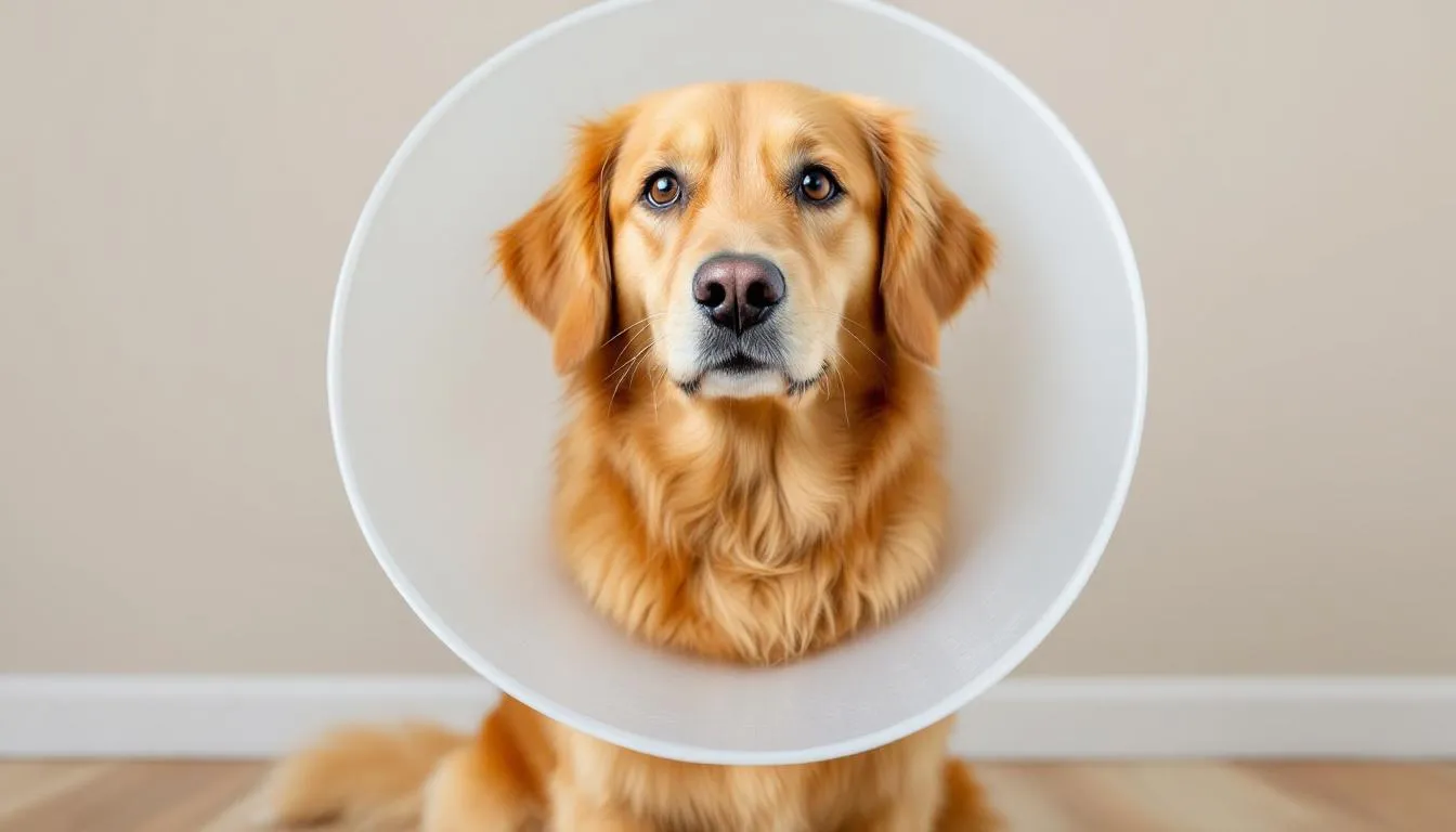 An image of a dog wearing an Elizabethan collar, designed to prevent excessive licking and scratching of its skin. The collar is used during the hot spot healing stages to protect the affected area from further irritation and promote healthy skin recovery.