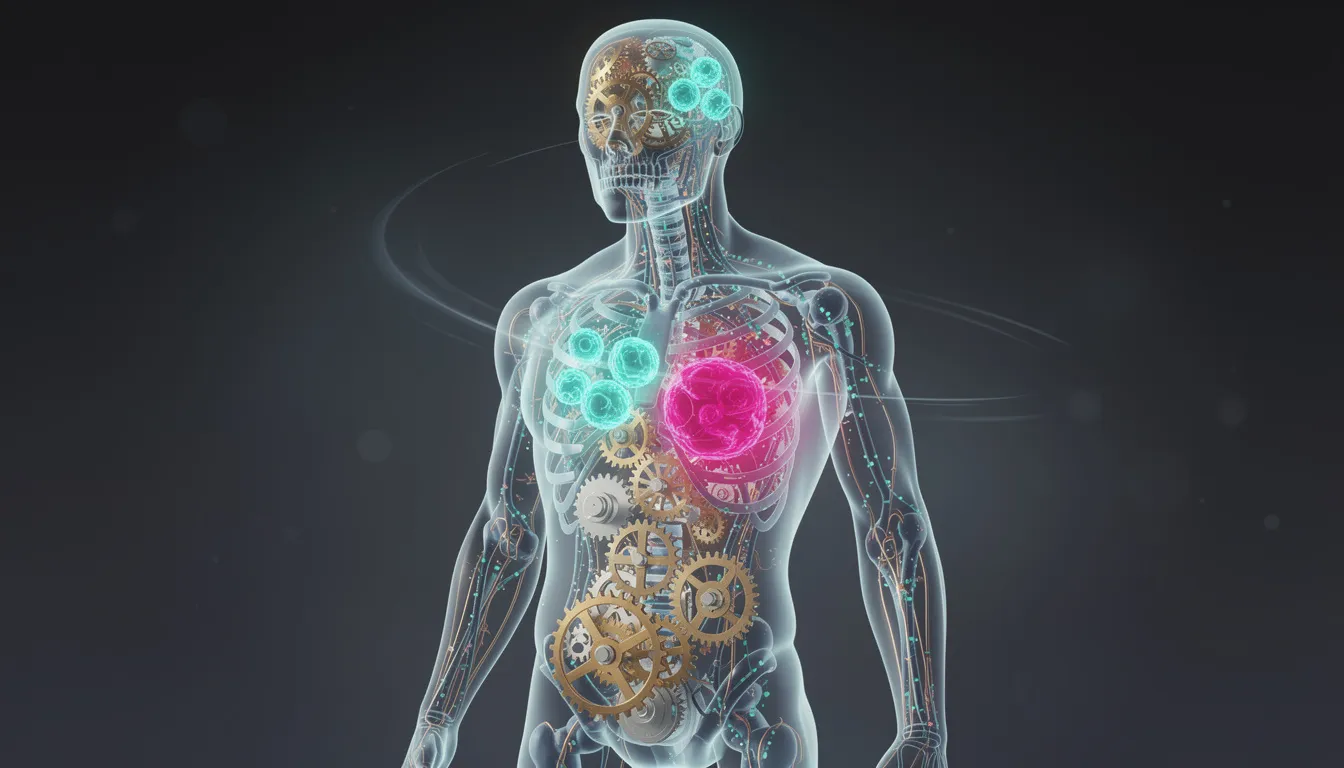 This stylized illustration depicts a glowing cellular machinery within a transparent human silhouette, showcasing intricate gear-like structures that symbolize the complex processes of cellular health and renewal. It emphasizes the importance of spermidine supplementation and its potential benefits in supporting human health, reducing oxidative stress, and promoting longevity.