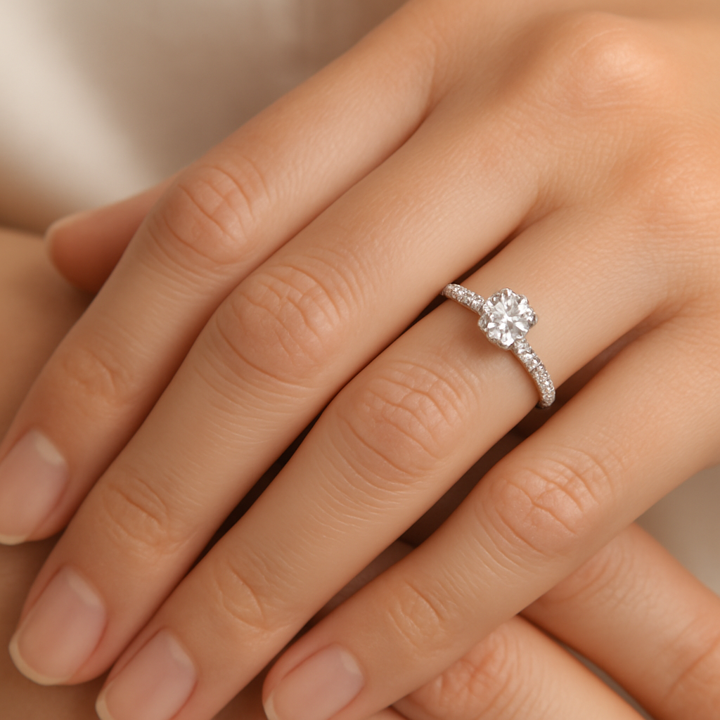 Balto aukso žiedas su deimantais ant moters rankos. Balto aukso sužadėtuvių žiedas su deimantu ant moters kairės rankos piršto, fotografuota iš arti - topdiamonds.online