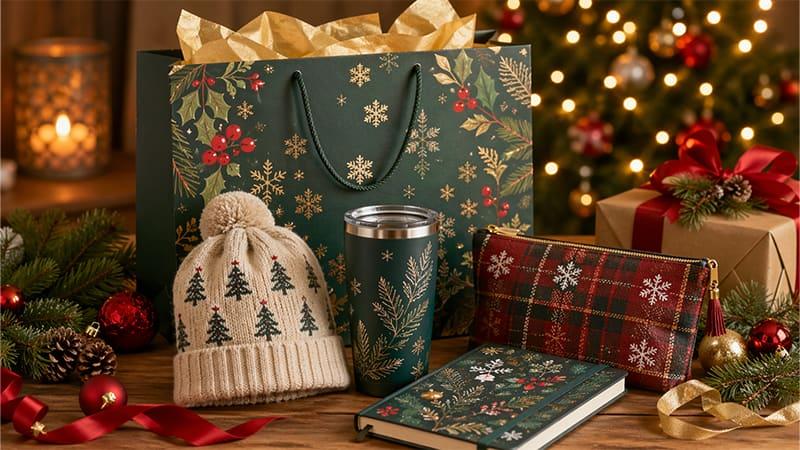 Adult Christmas gift bag ideas with practical branded holiday gifts for employees, clients and events