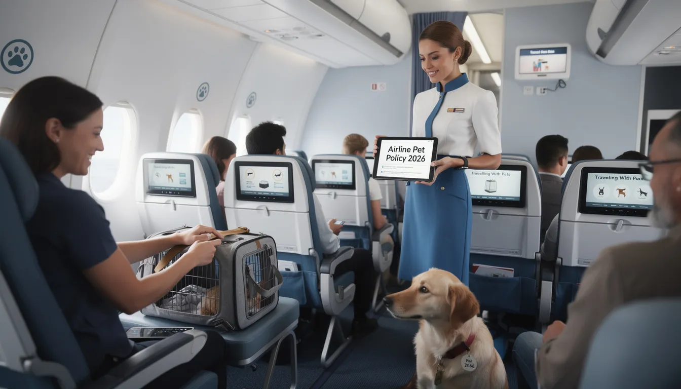 The image depicts a well-prepared traveler with a small dog in a soft-sided pet carrier, showcasing the airline's pet policy for 2026. The scene emphasizes the importance of health certificates and vaccination requirements, as well as the acceptance of trained service animals and emotional support animals during domestic and international flights.