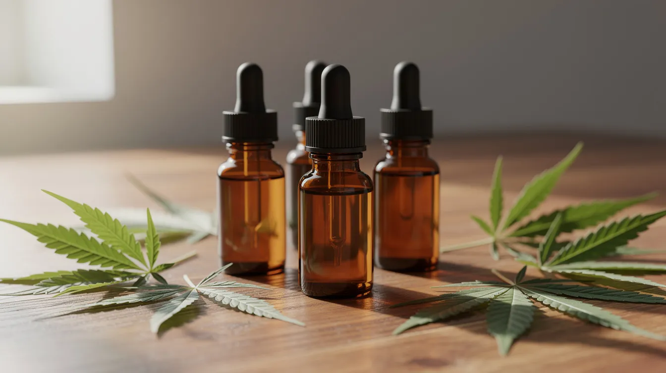 The image features several bottles of CBD oil alongside fresh hemp leaves, all arranged on a rustic wooden surface illuminated by natural light. This scene highlights the growing interest in hemp-derived products, particularly in states like Maryland where laws regarding cannabis and its derivatives, including delta 8 THC, are evolving.