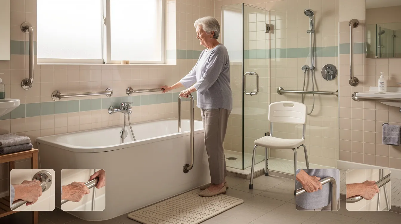 An elderly person using grab bars for added stability in the bathroom.