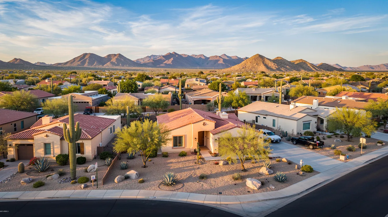 The image depicts a stunning Arizona landscape designed for residential homes, featuring beautifully arranged flower beds, ornamental grasses, and fruit trees that enhance the curb appeal. The outdoor space includes a cozy seating area near a fire pit, surrounded by vibrant colors and lush greenery, creating a welcoming atmosphere for relaxation and enjoyment.