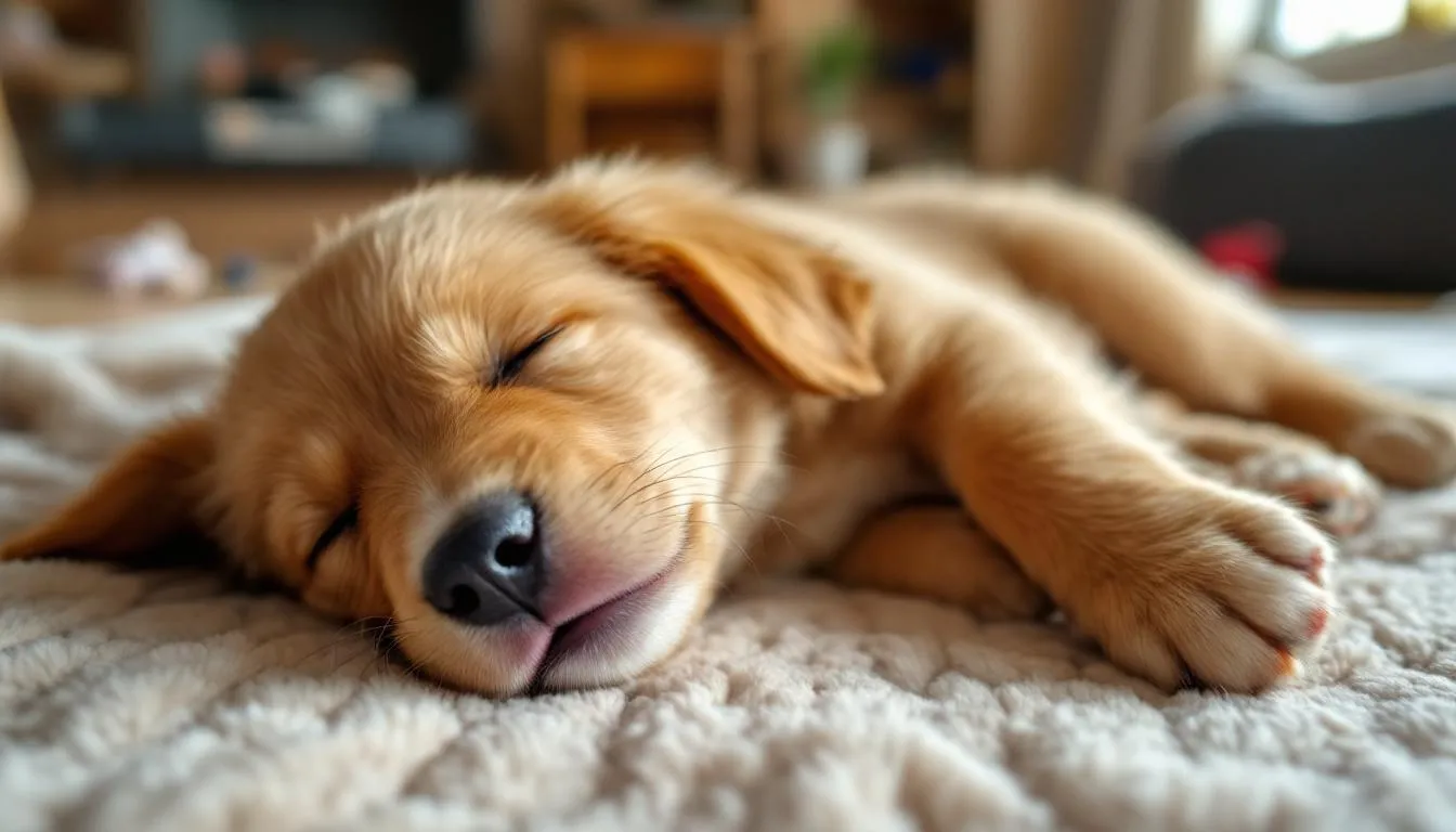 A young golden retriever puppy is sleeping peacefully, its calm irregular breathing following a brief episode of dog hiccups. The puppy