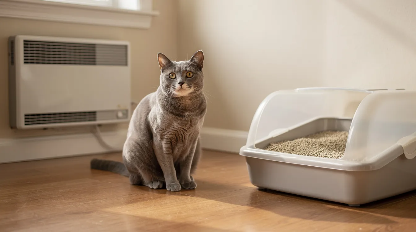 A cat is sitting calmly near a clean litter box made of clay litter, positioned safely away from any heat sources like a heater. This setup helps minimize the risk of flammability, ensuring a safe environment for both the cat and its owners.