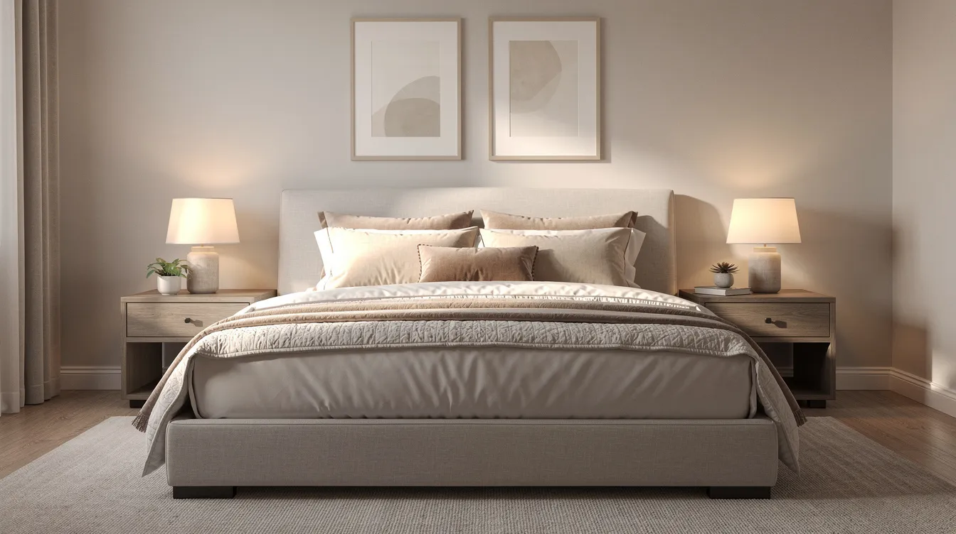 The image depicts a beautifully staged master bedroom featuring layered neutral bedding, soft lamps on each nightstand, and minimal wall decor, creating an inviting atmosphere ideal for potential buyers. This carefully designed space highlights the importance of home staging in making a property move-in ready and appealing to prospective buyers.