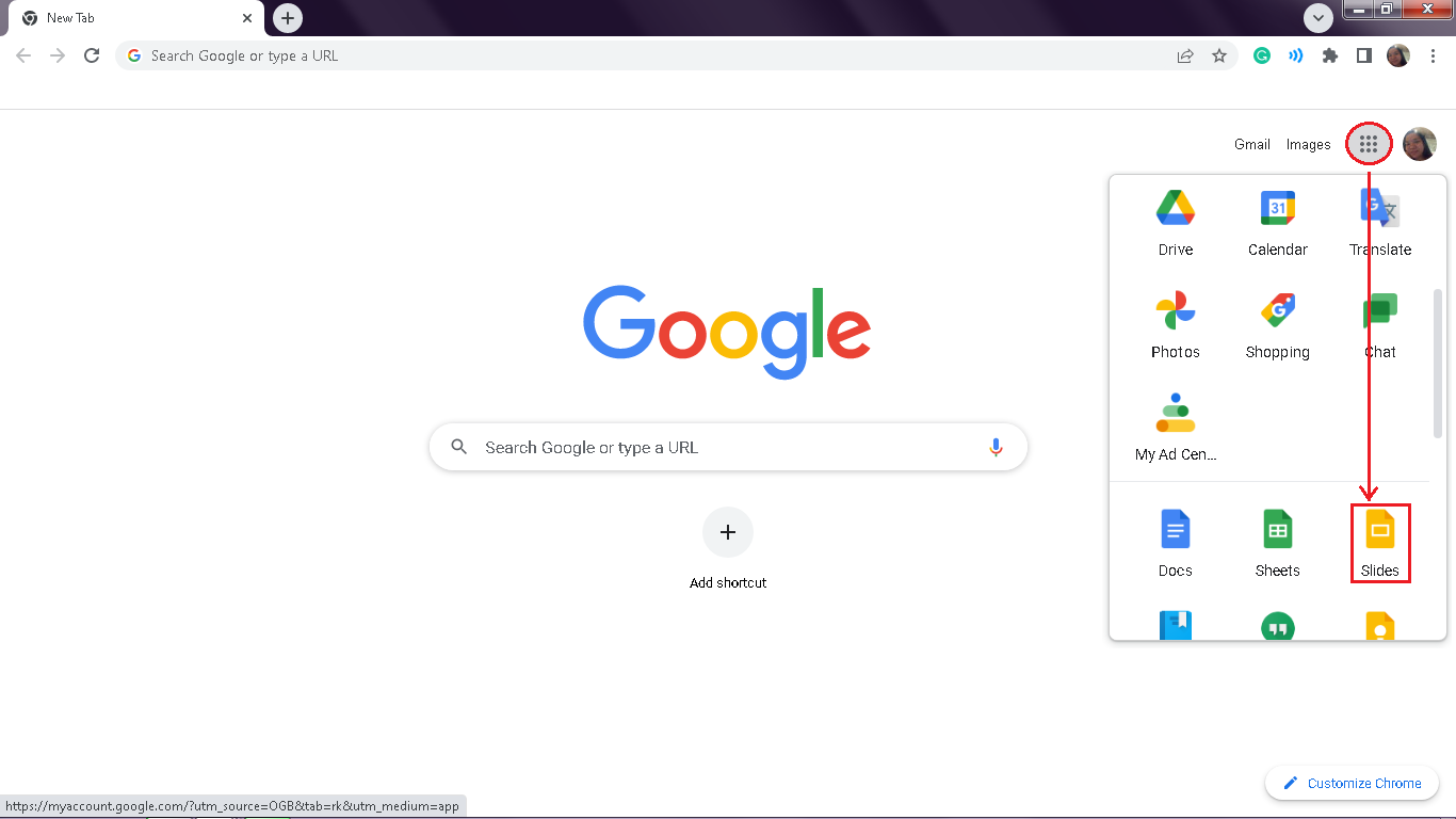 In a new Google Chrome tab, clcik the button apps and navigate for Google Slide