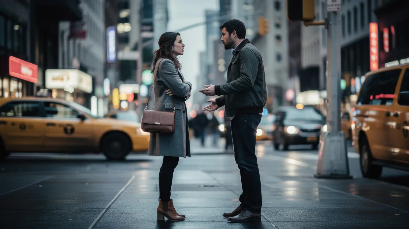 A couple stands on a busy New York City street, visibly arguing during what appears to be a first date. Their body language suggests they are not on the same page, highlighting potential red flags in their relationship as they struggle to find common ground amidst the vibrant urban backdrop.