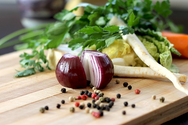 greens, onion, spices