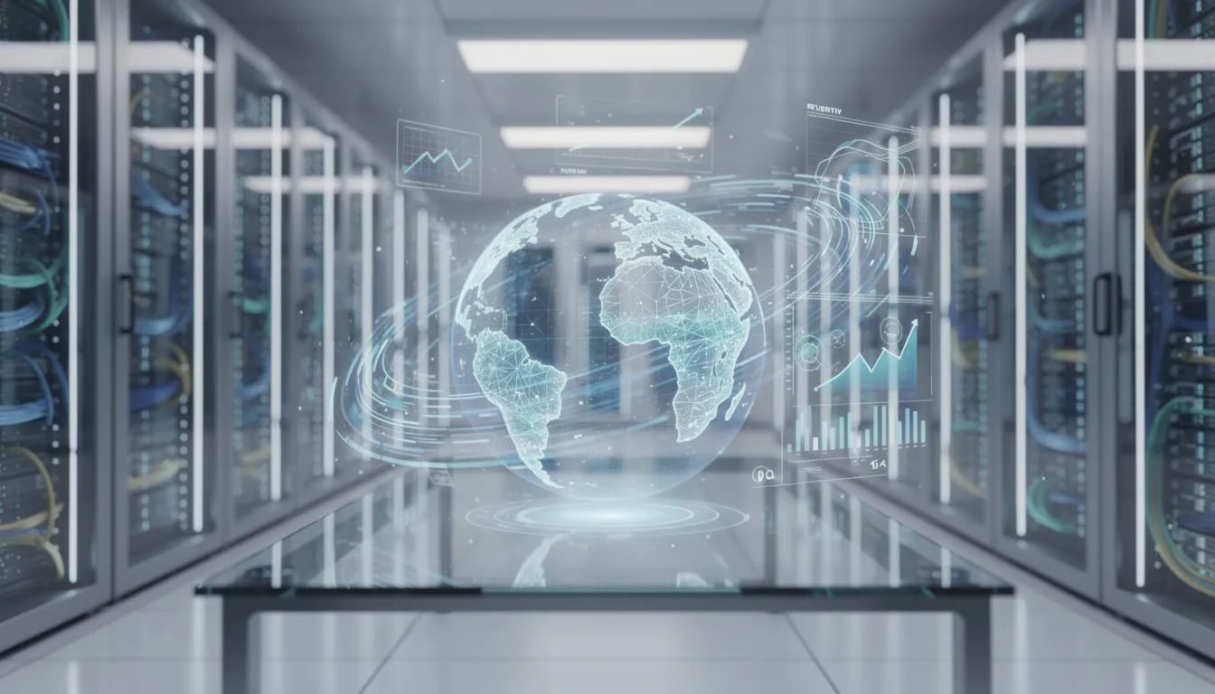 The image depicts a futuristic data center, showcasing advanced AI infrastructure with high-density server racks and cooling systems designed for optimal energy efficiency. Vertiv Holdings is highlighted as a key player in the rapidly growing data center industry, well-positioned to benefit from the ongoing AI gold rush and increasing demand for critical infrastructure in the digital age.
