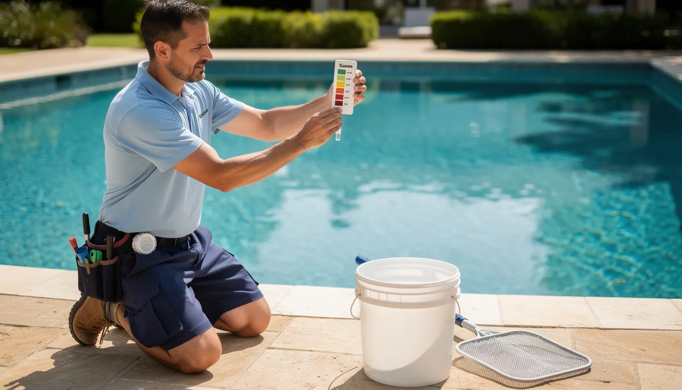 A pool maintenance professional is using a color-coded test kit to measure the chlorine levels in a residential swimming pool, ensuring the proper chemical balance for the pool water. This essential step in pool maintenance helps pool owners maintain water chemistry and prevent issues like cloudy water and algae growth.