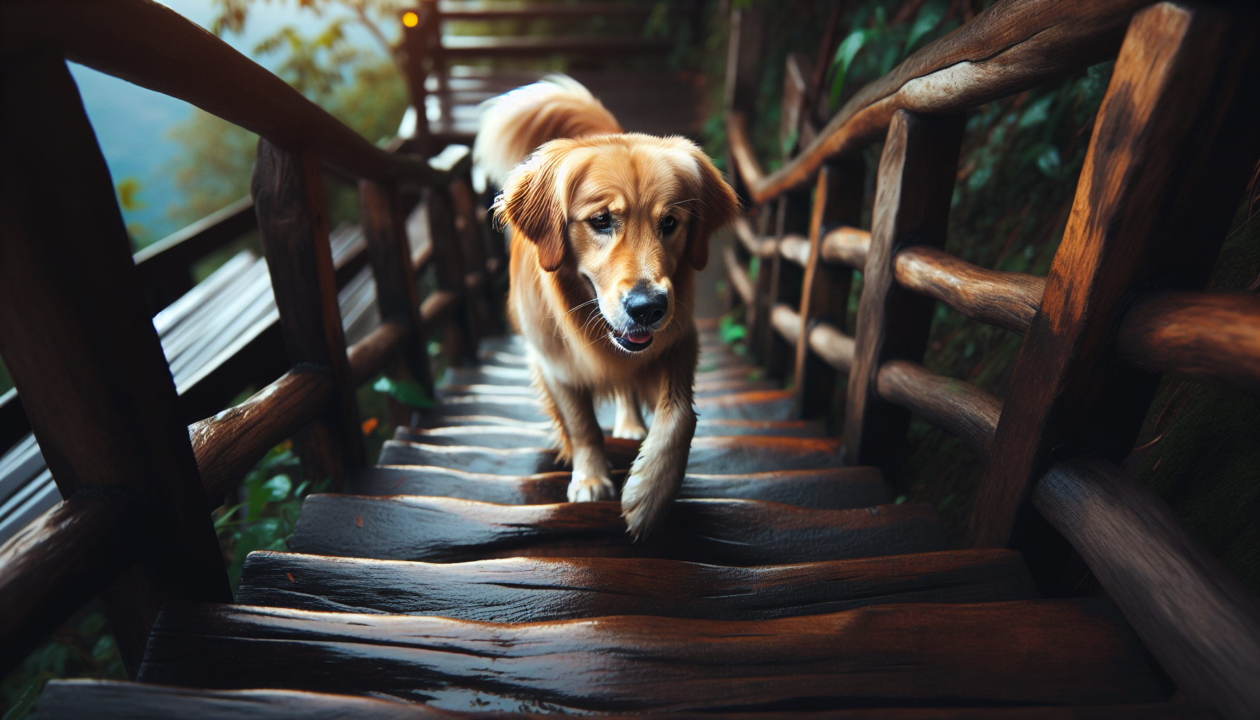 A dog cautiously navigating down wooden slippery stairs