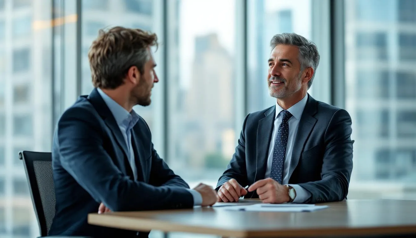 In the image, a business executive is engaged in active listening during a one-on-one conversation with an employee, demonstrating effective leadership and emotional intelligence. This interaction highlights the importance of transparent communication and gathering valuable insights to support change initiatives within the organization.