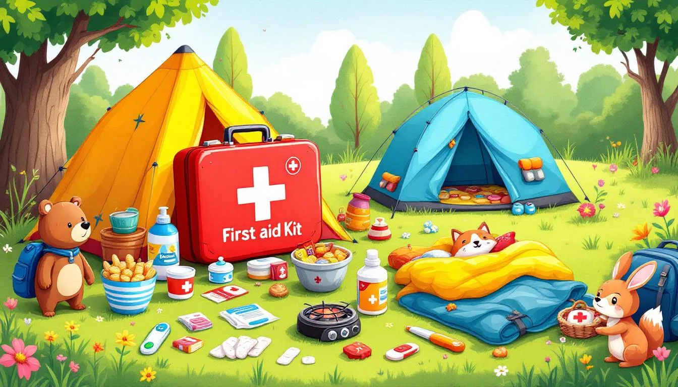 A first aid kit and camping gear prepared for unexpected situations.