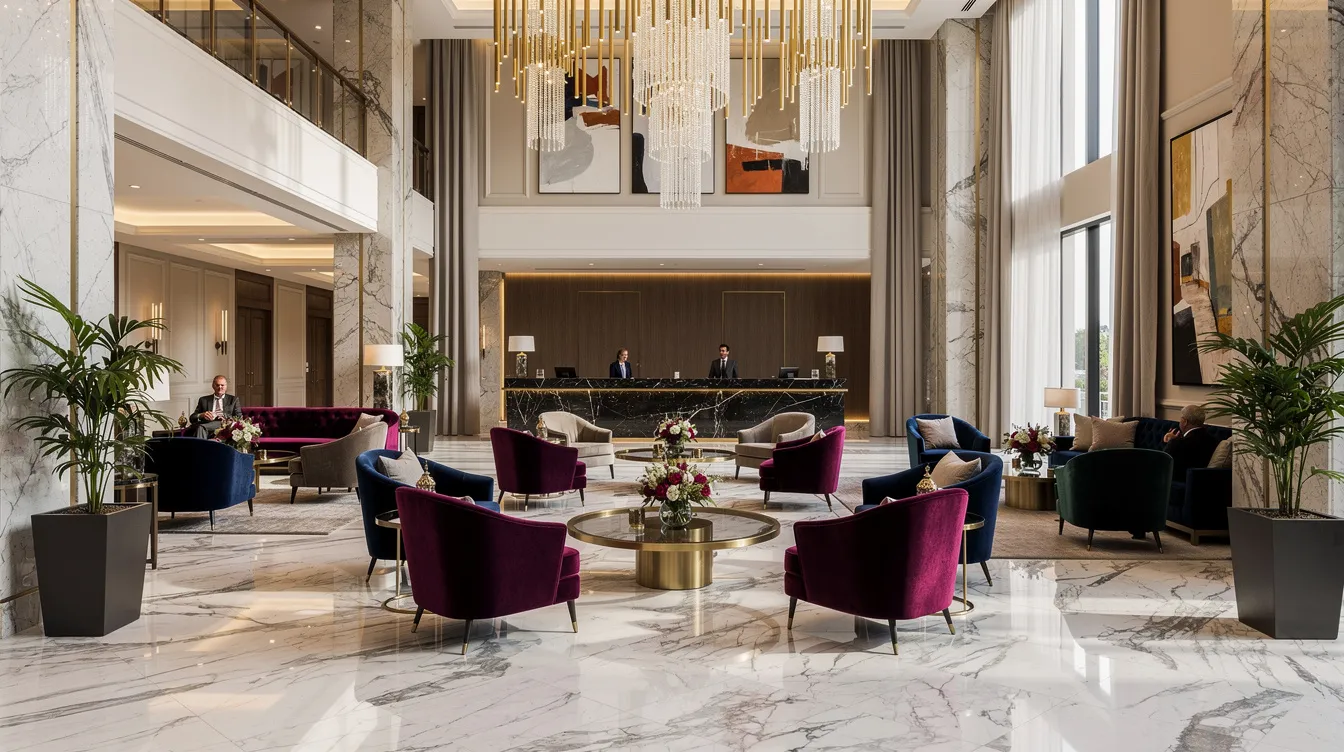 The image depicts a luxurious hotel lobby featuring polished marble floors and elegantly arranged seating areas, creating an inviting atmosphere for guests. This opulent space is perfect for those seeking high-class accommodations in the beautiful city of London.