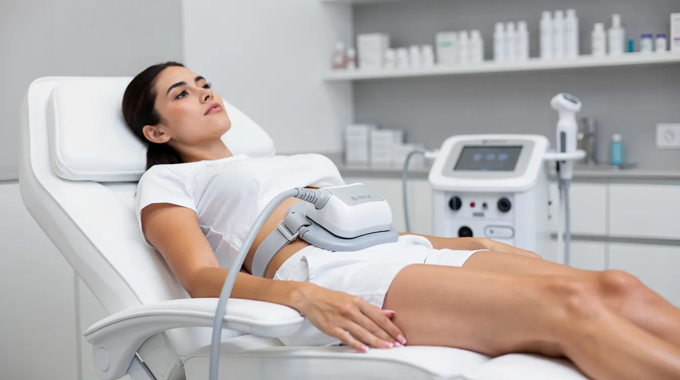 The image shows a patient comfortably reclined in a clean clinical treatment room, with a body contouring applicator attached to their lower abdomen, aimed at destroying stubborn fat cells. This non-surgical fat reduction treatment is designed to target excess fat and help achieve desired results in a relaxing environment.