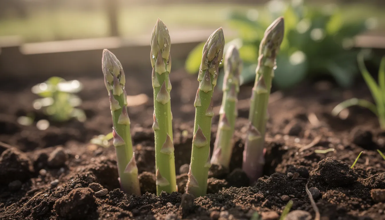 Fresh green asparagus spears, about six inches long, are emerging from dark garden soil, illuminated by warm spring sunlight. This scene captures the vitality of perennial vegetables as they begin to grow in an edible landscape, signaling the arrival of early spring.