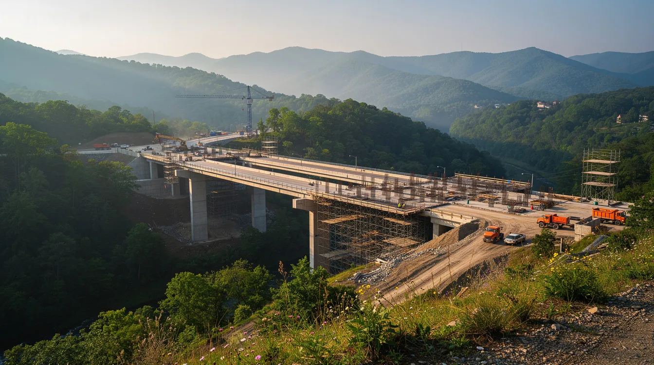 The image depicts a scenic mountain landscape in East Tennessee, featuring a highway overpass currently under construction, highlighting the critical role of construction projects in the area. This scene reflects the importance of surety bonds and legal obligations for contractors and project owners in ensuring successful completion and compliance with construction law.