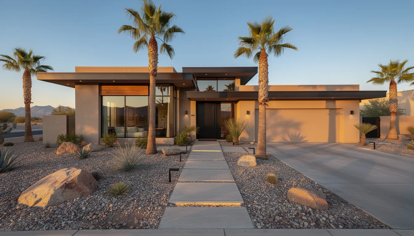The image depicts a modern Arizona home surrounded by rock landscaping and palm trees, showcasing a stylish and inviting exterior. The home features clean lines and a contemporary design, set against a backdrop of vibrant greenery that enhances its appeal.