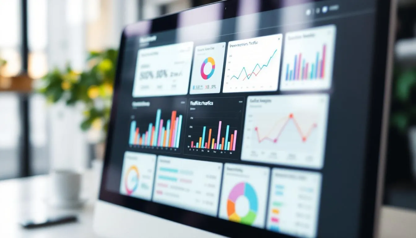 The image displays a marketing analytics dashboard on a computer screen, featuring various performance metrics and colorful charts that help small business owners evaluate their marketing strategies and track the effectiveness of their marketing efforts. This dashboard is essential for understanding customer engagement and optimizing tactics for reaching the target audience.