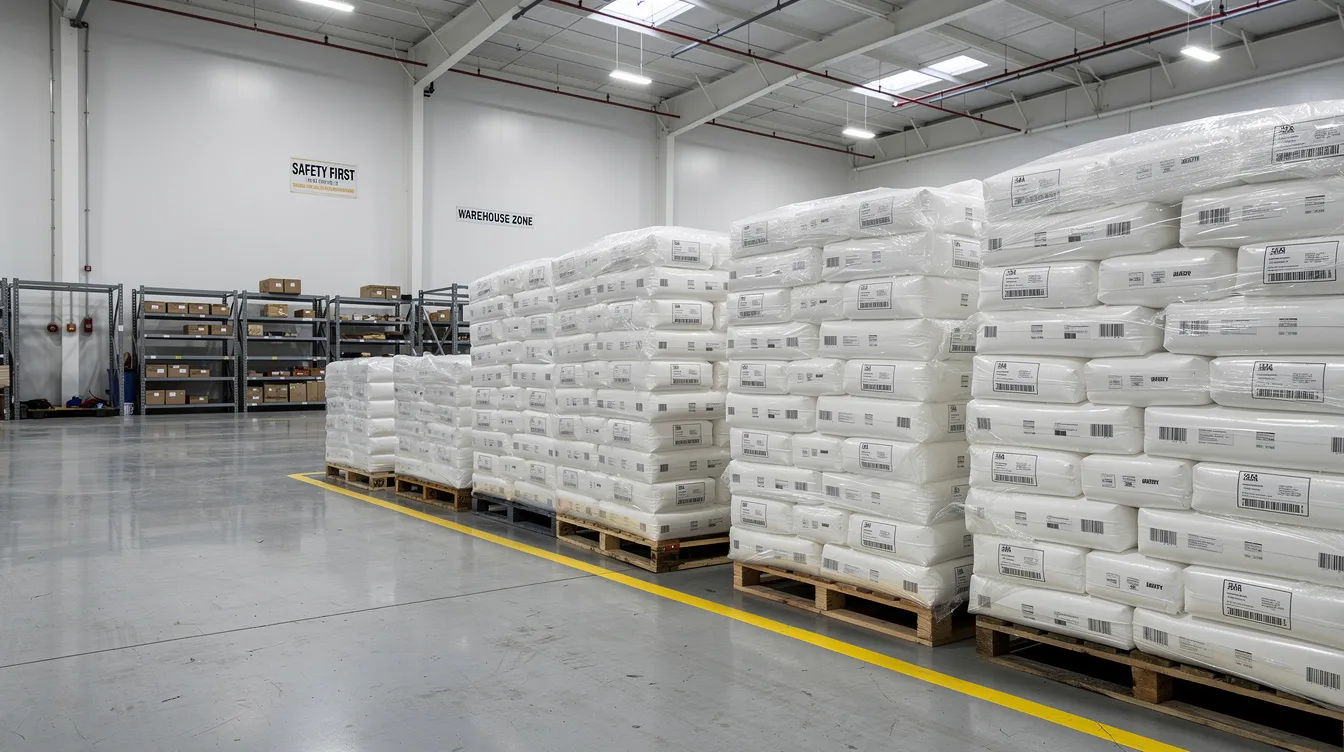 bcb4b283 c2f3 4795 92b4 ae61fc66c130 The image depicts neatly stacked bags of white powder, likely whole milk powder or skim milk powder, on pallets within a clean industrial warehouse, showcasing the organized environment typical of a milk powder production facility. This setting highlights the importance of proper packaging and storage in the dairy industry to ensure the quality and long shelf life of the powdered milk products.