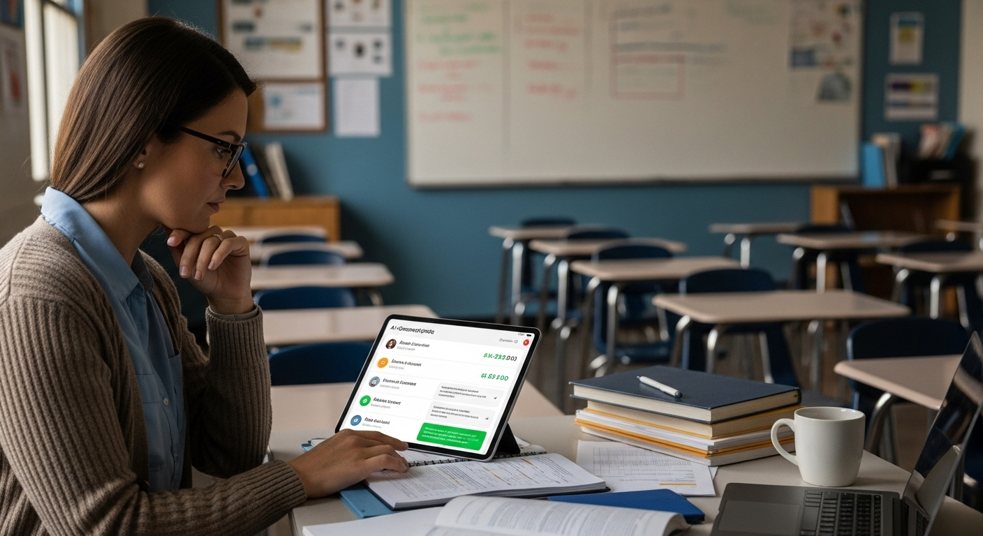 Teacher reviewing AI-generated grades to ensure fairness and contextual judgment.