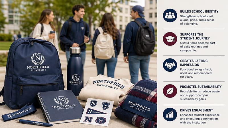 Students on campus wearing branded hoodies and carrying swag items such as a backpack, water bottle, notebook, and fleece blanket. The scene highlights the importance of college swag in building school spirit, promoting sustainability, and creating a sense of belonging for students.
